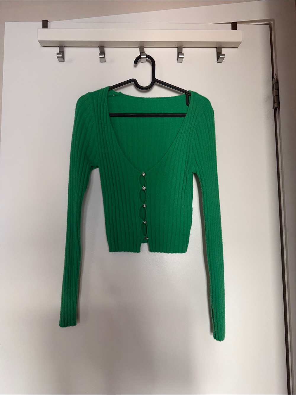 Y2K style Green Ribbed V-Neck Button Cardigan with crystal buttons